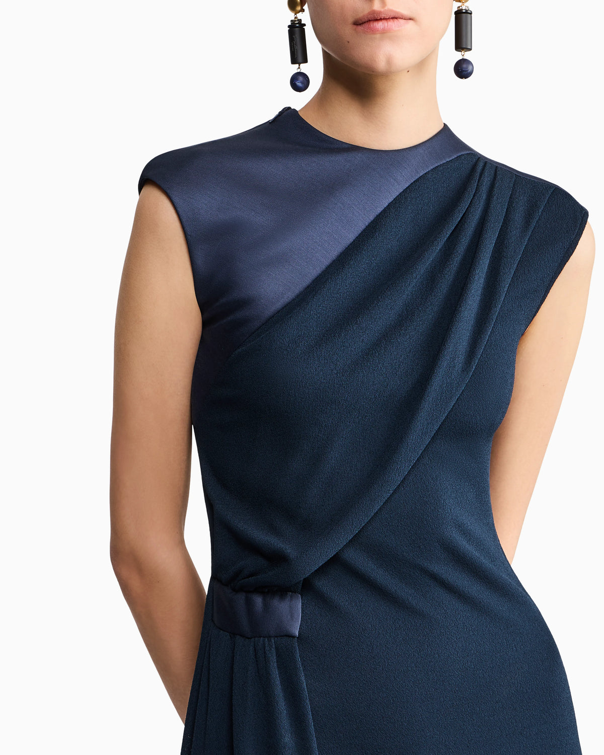 Dress with draped side in viscose jersey and satin