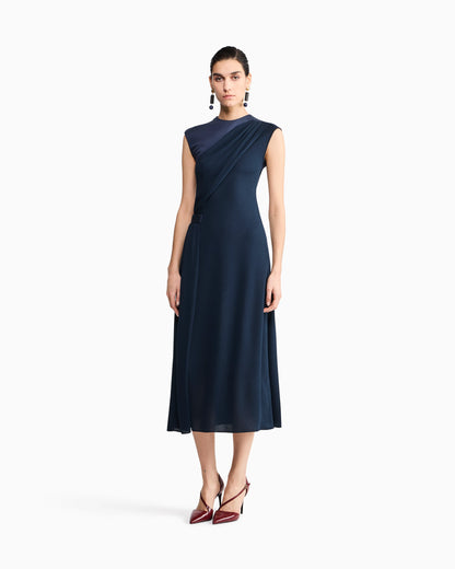 Dress with draped side in viscose jersey and satin