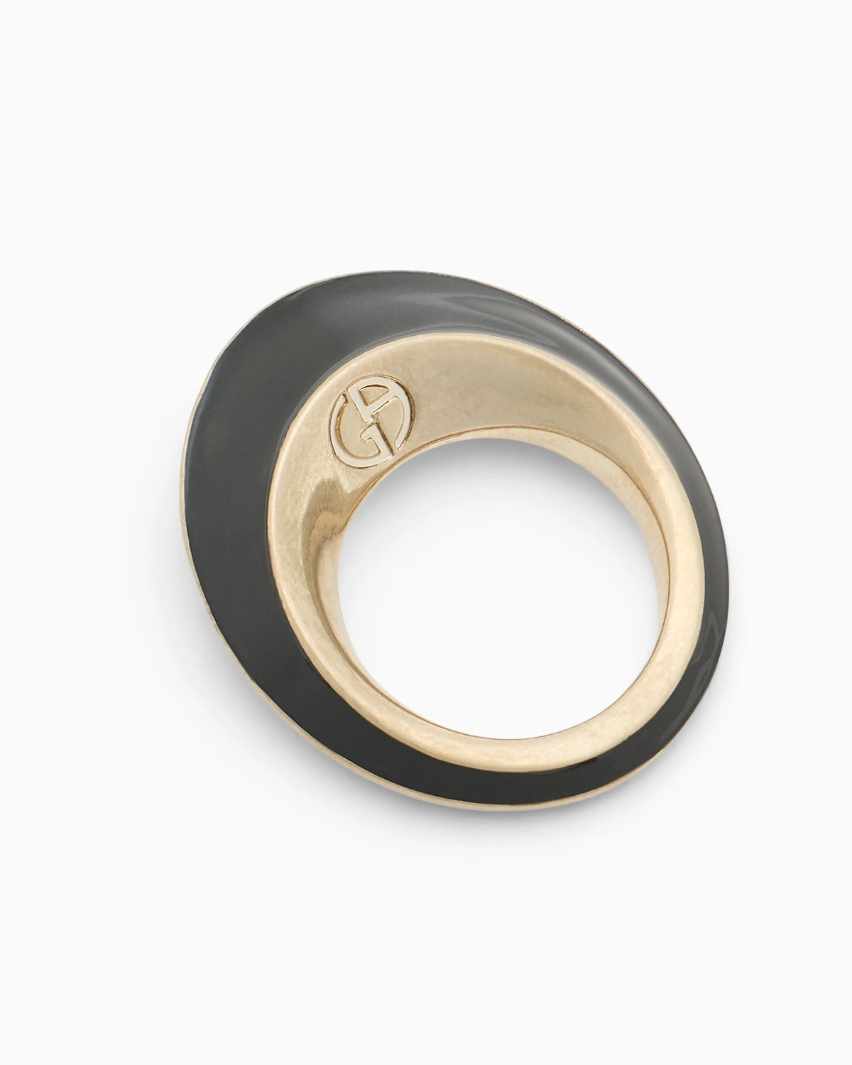 Polished metal ring with enameled circular disc
