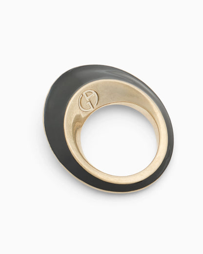 Polished metal ring with enameled circular disc