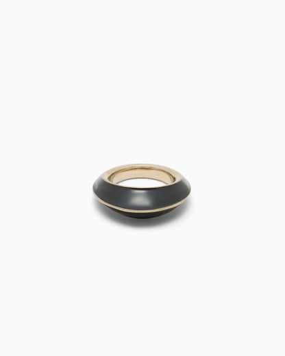 Polished metal ring with enameled circular disc