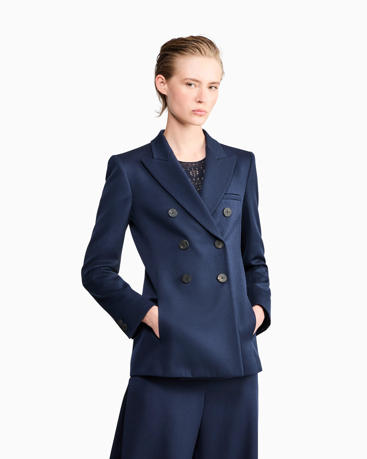 Double-breasted blazer in double wool with peak lapels