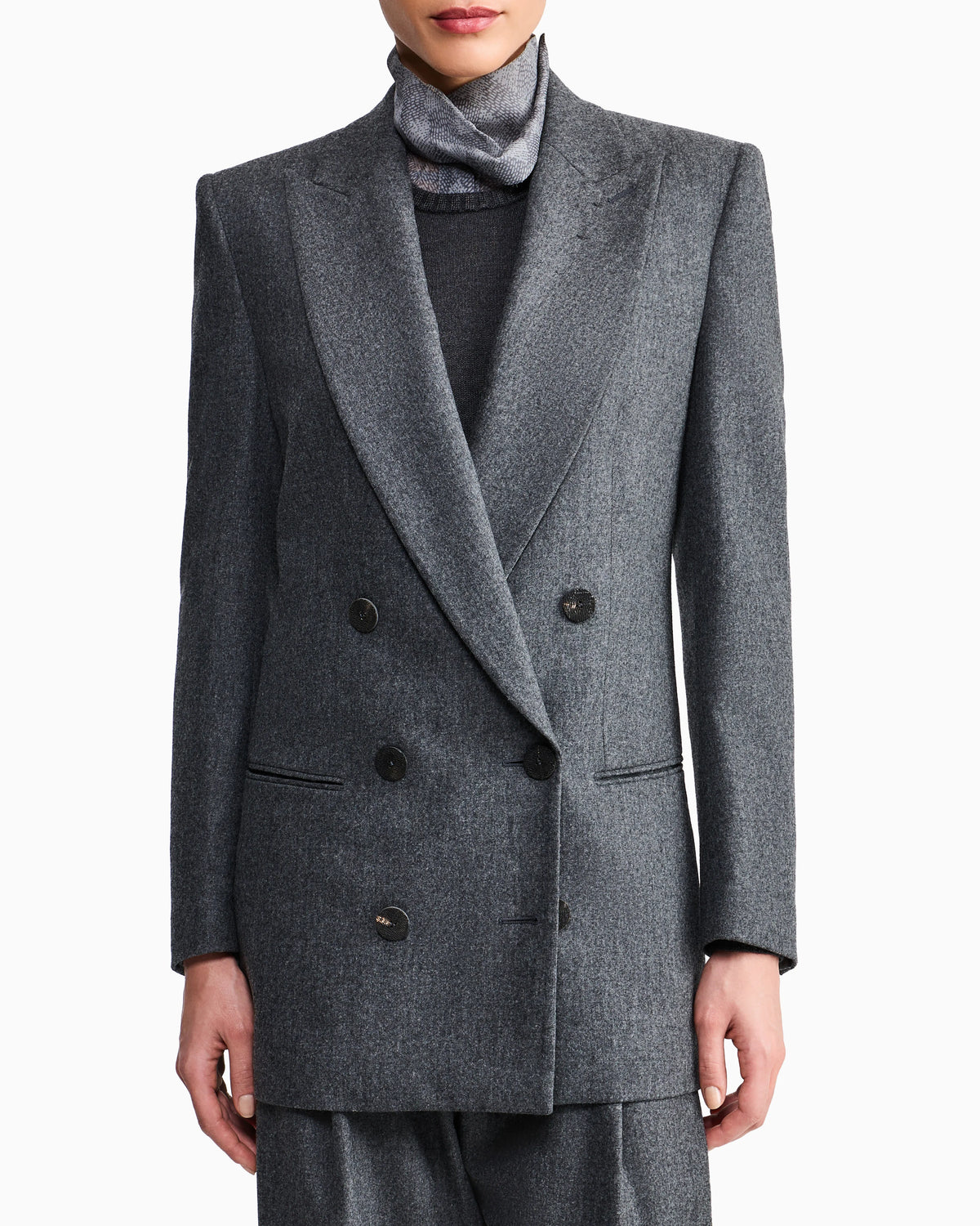 Double-breasted jacket in virgin wool flannel and cashmere