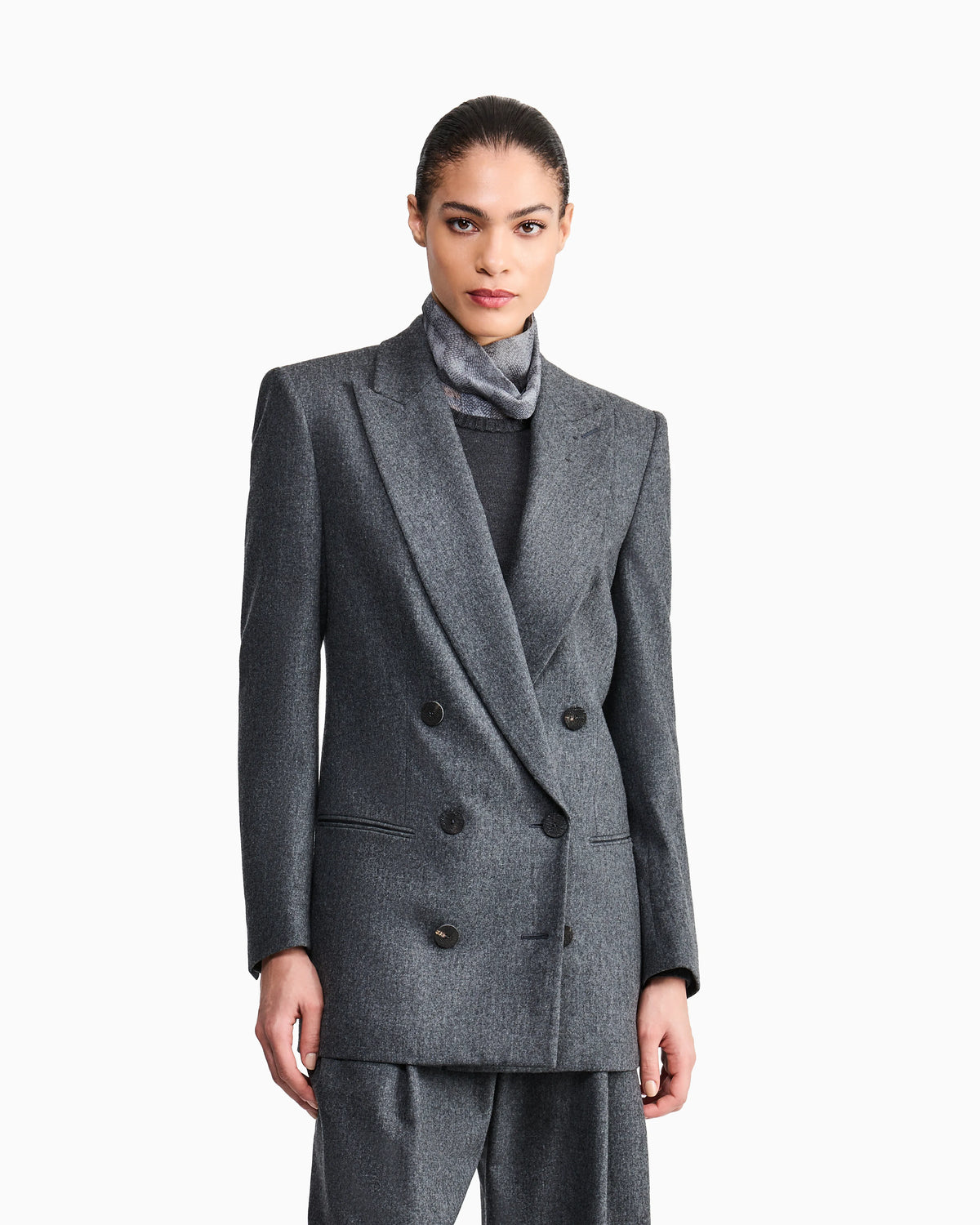 Double-breasted jacket in virgin wool flannel and cashmere