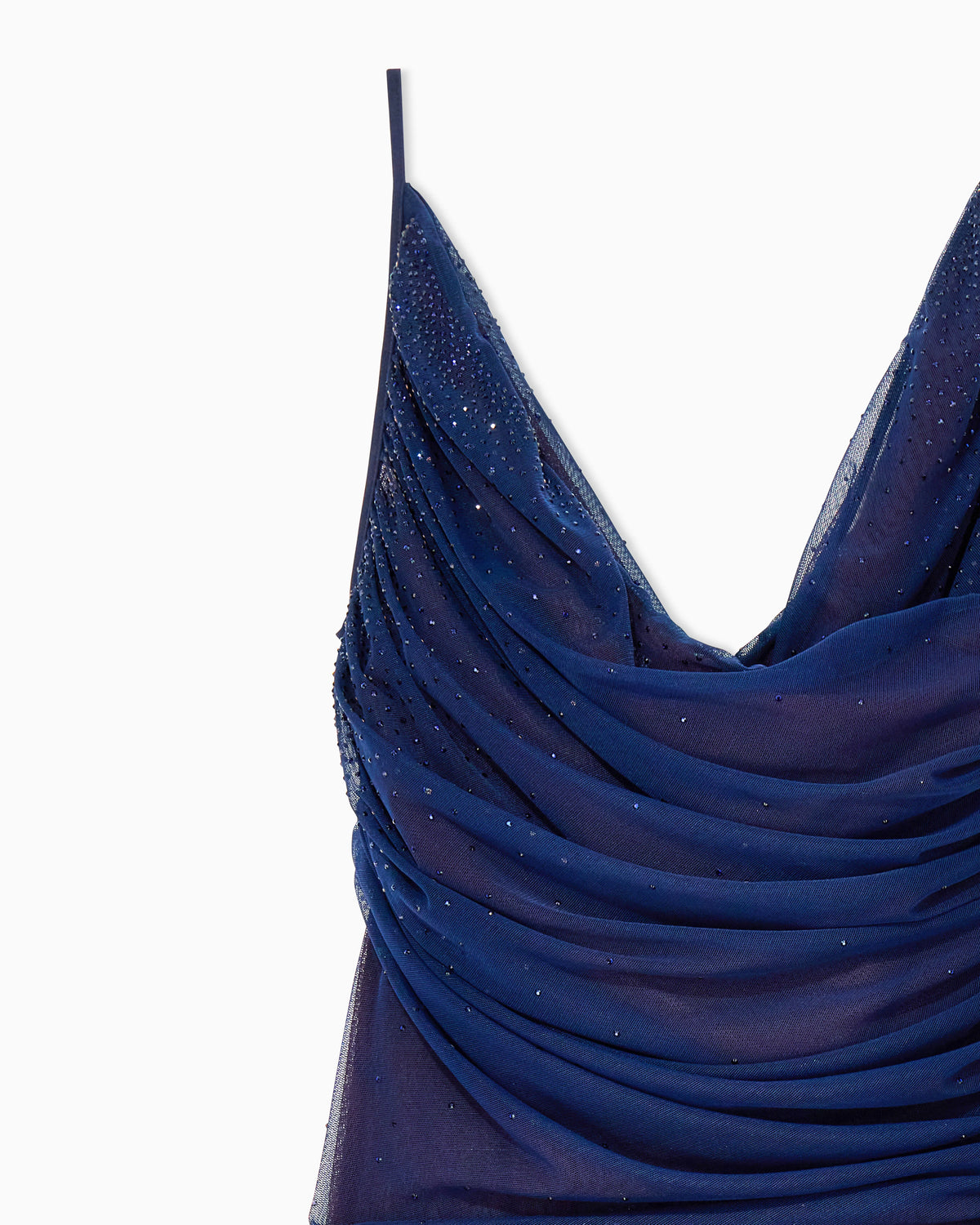 Stretch tulle bodysuit with draped neckline and strass