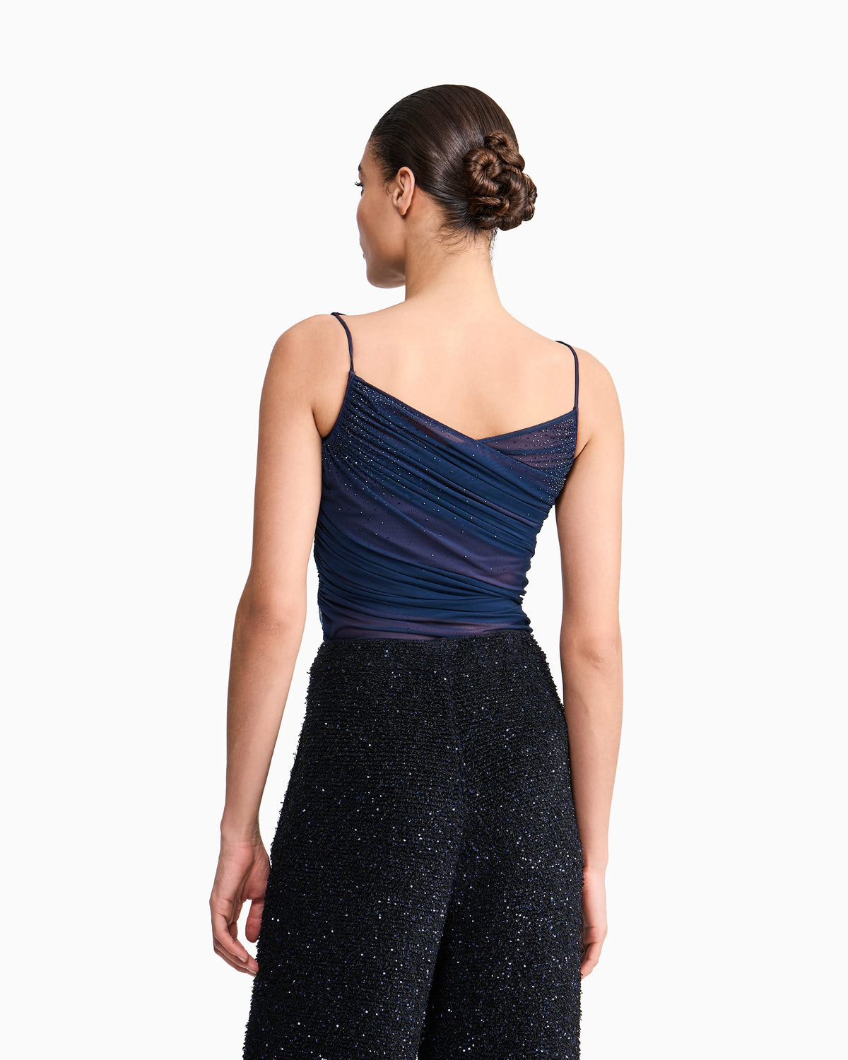 Stretch tulle bodysuit with draped neckline and strass