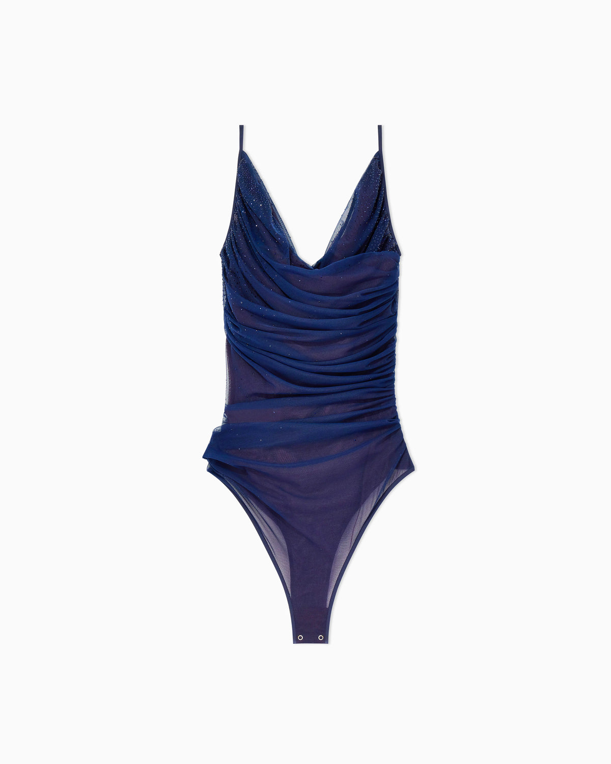 Stretch tulle bodysuit with draped neckline and strass