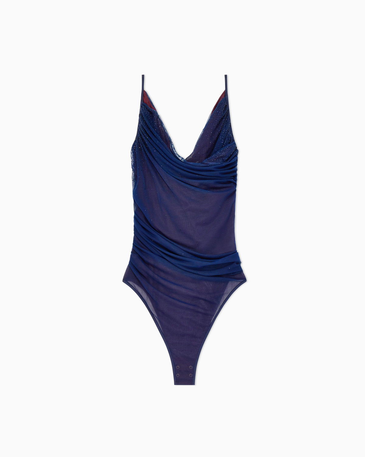 Stretch tulle bodysuit with draped neckline and strass