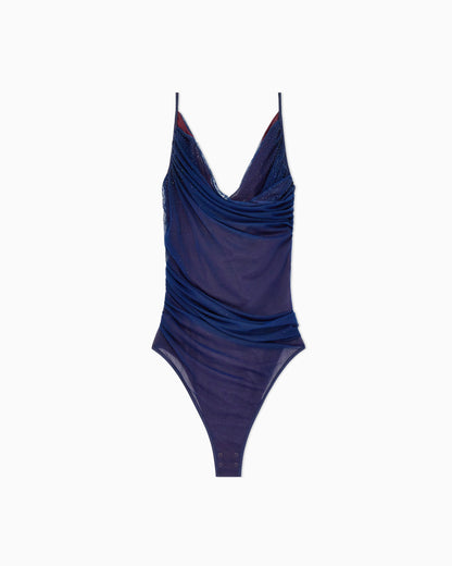 Stretch tulle bodysuit with draped neckline and strass