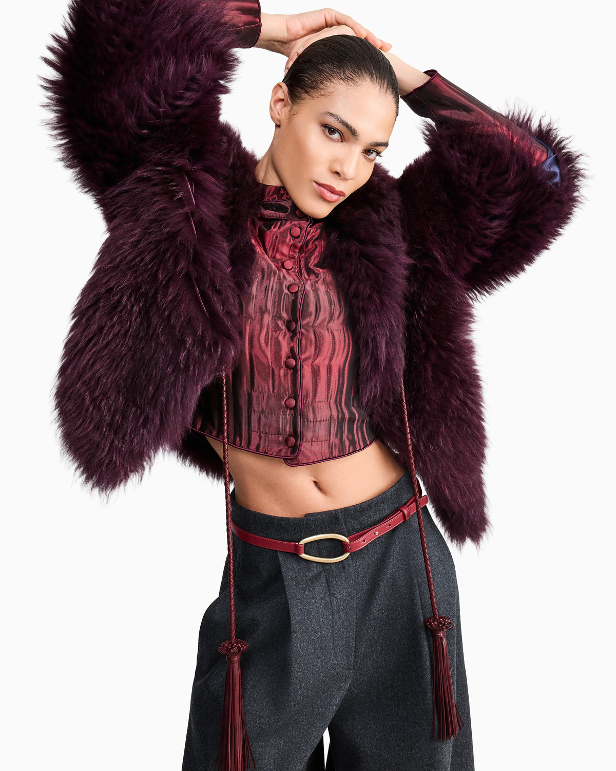 Long-haired leather jacket with tassels and silk lining