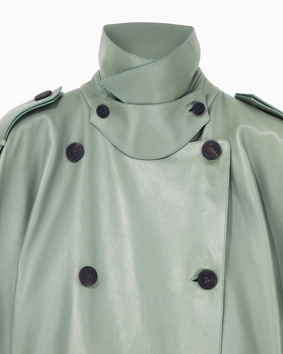 Raw-cut leather double-breasted trench coat with belt