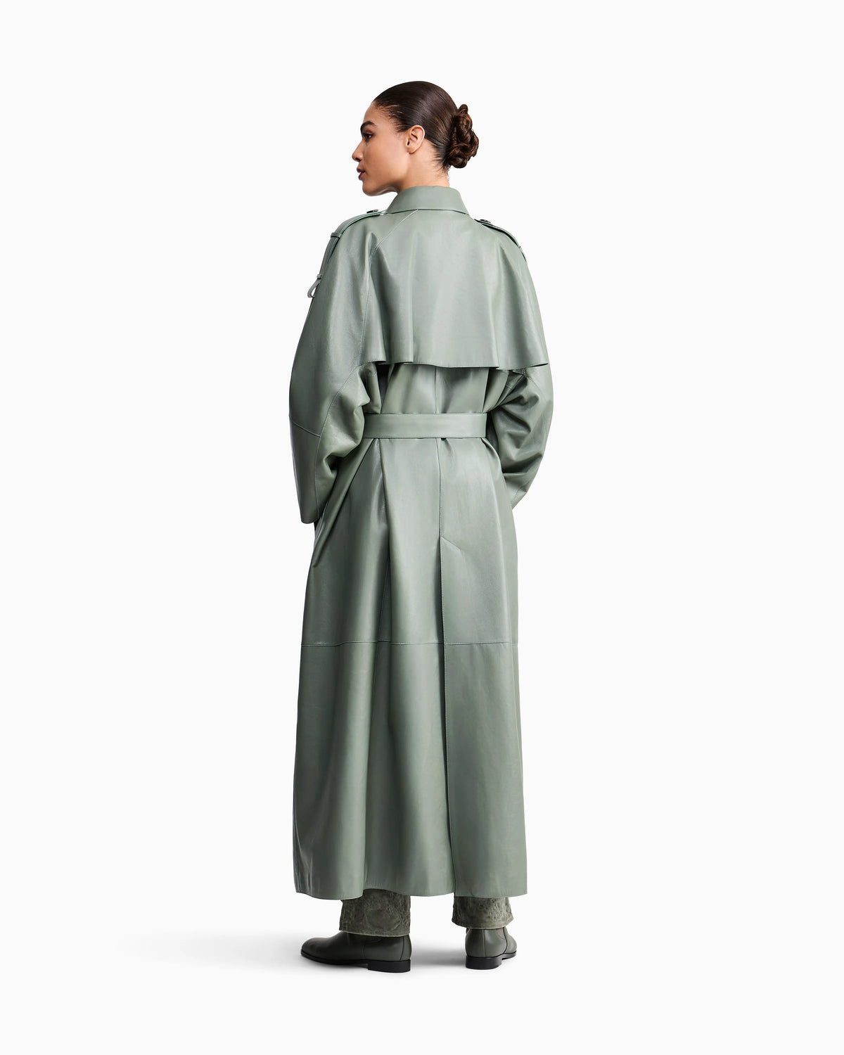Raw-cut leather double-breasted trench coat with belt