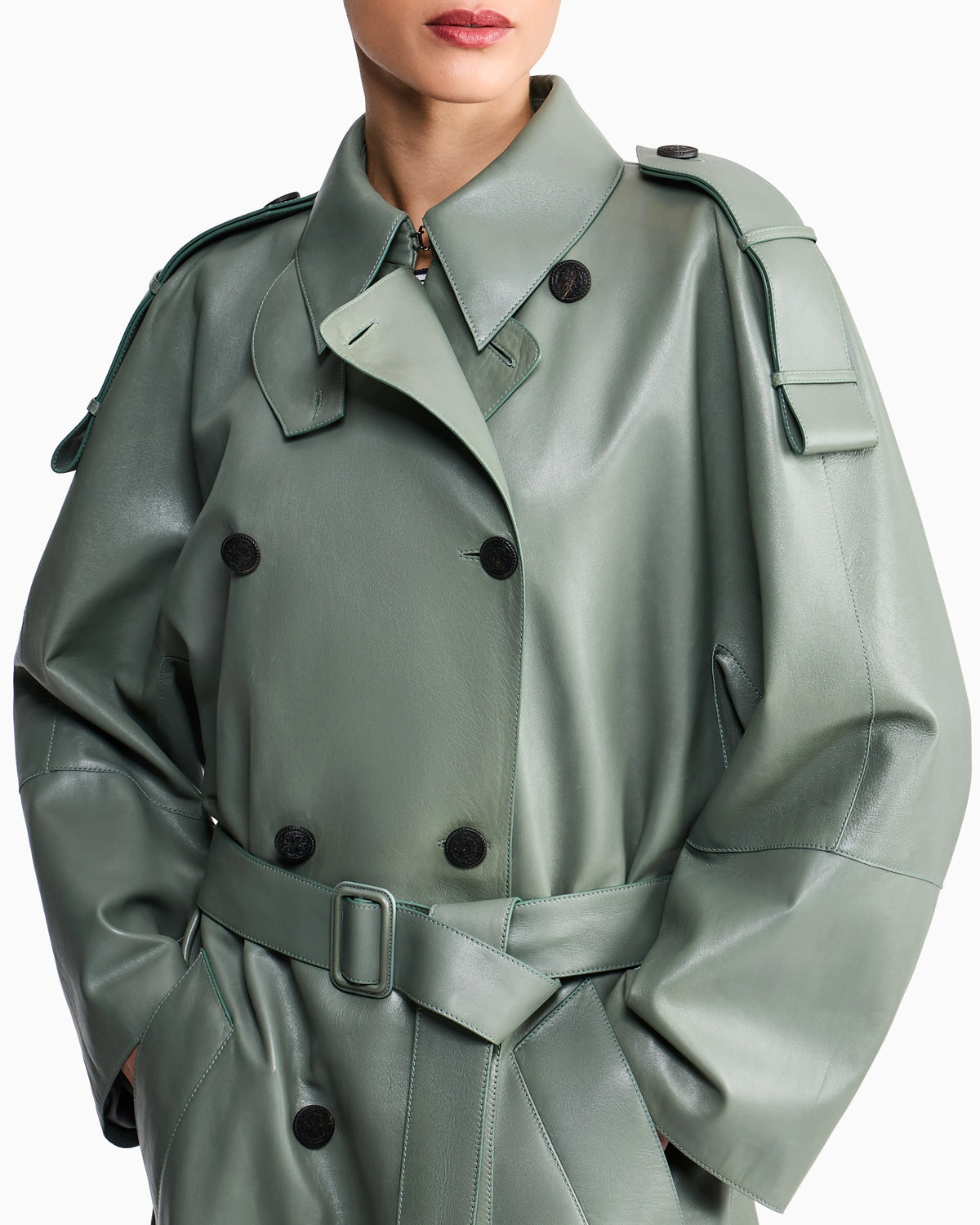 Raw-cut leather double-breasted trench coat with belt