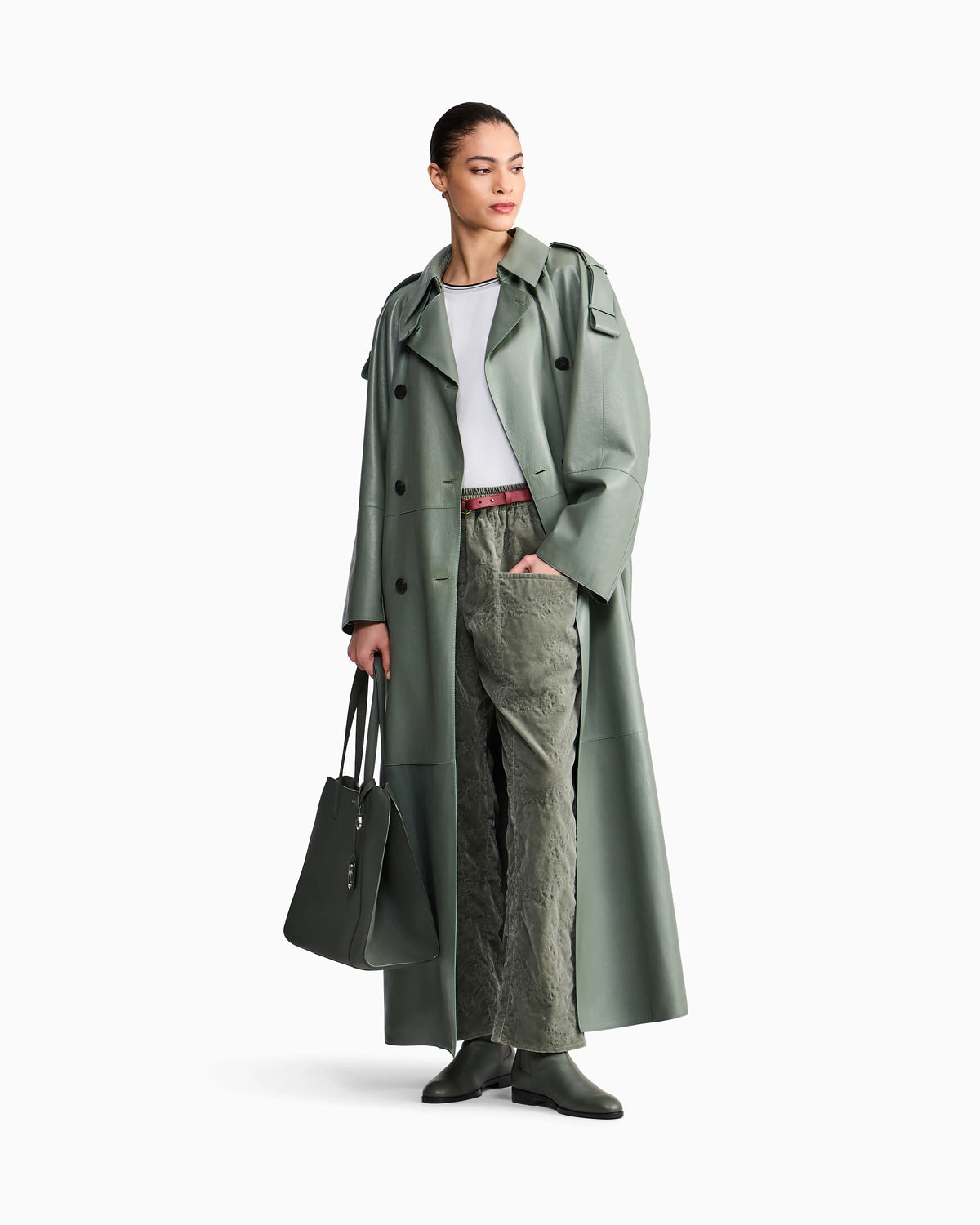 Raw-cut leather double-breasted trench coat with belt