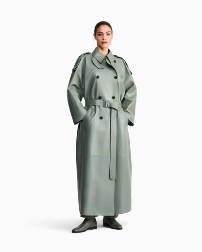 Raw-cut leather double-breasted trench coat with belt