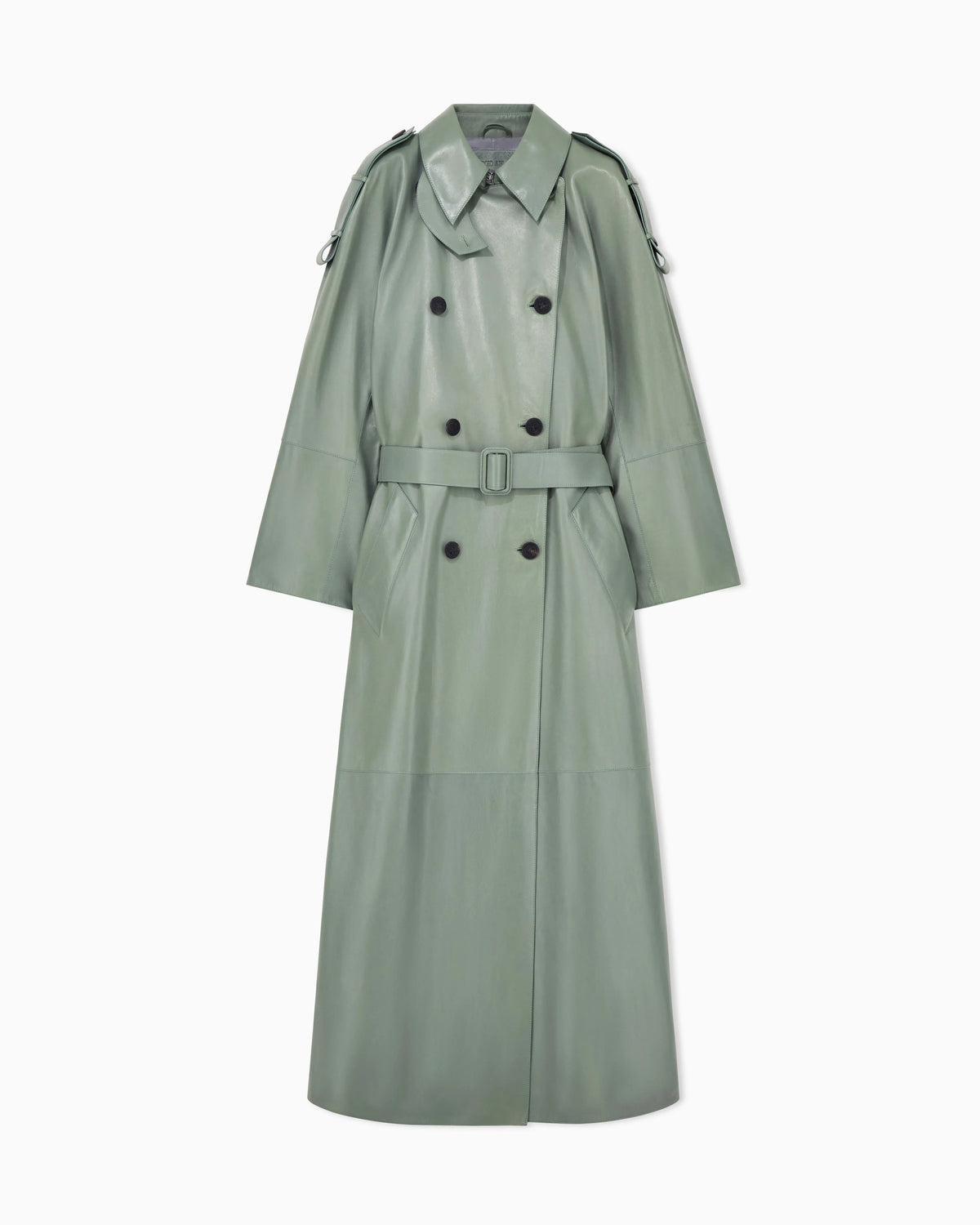 Raw-cut leather double-breasted trench coat with belt