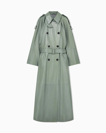 Raw-cut leather double-breasted trench coat with belt