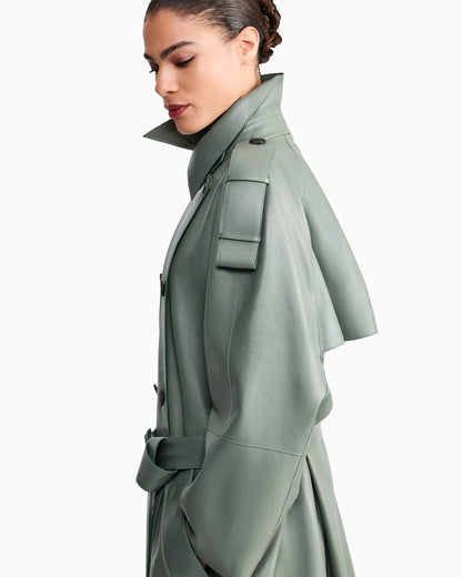 Raw-cut leather double-breasted trench coat with belt