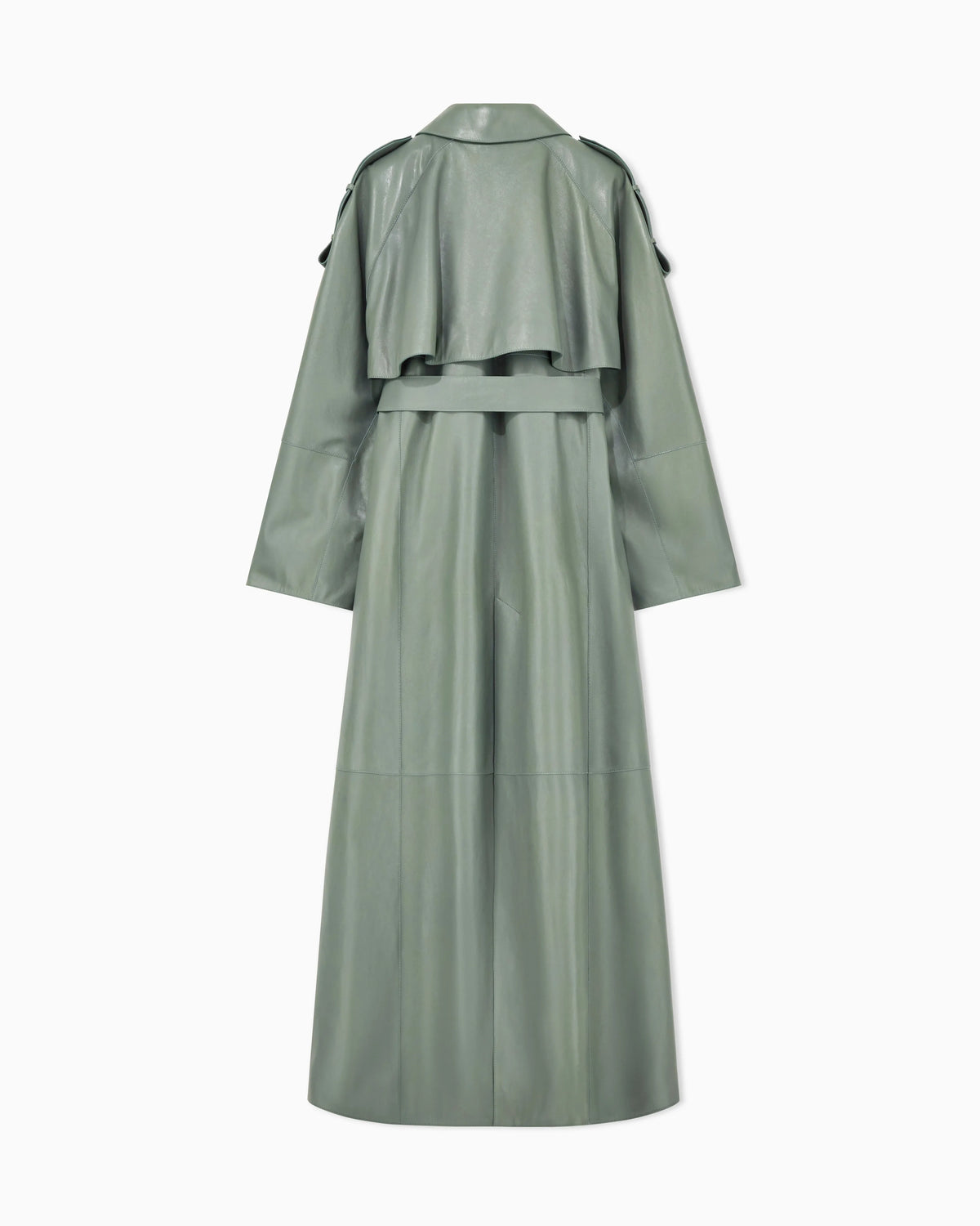 Raw-cut leather double-breasted trench coat with belt
