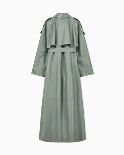 Raw-cut leather double-breasted trench coat with belt