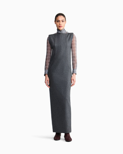 Sleeveless long dress in wool and cashmere flannel