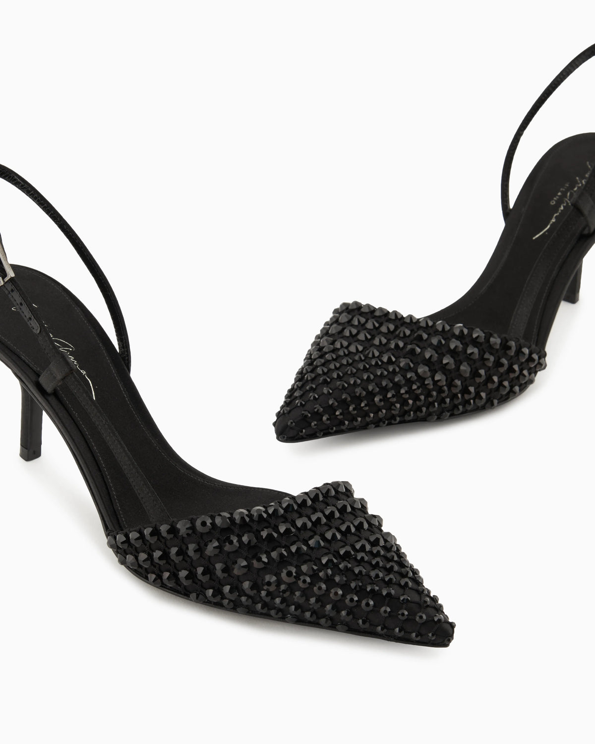 Satin, mesh and rhinestone slingbacks