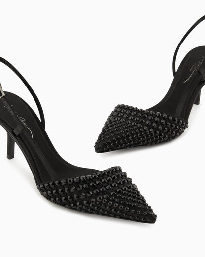 Satin, mesh and rhinestone slingbacks