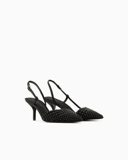 Satin, mesh and rhinestone slingbacks