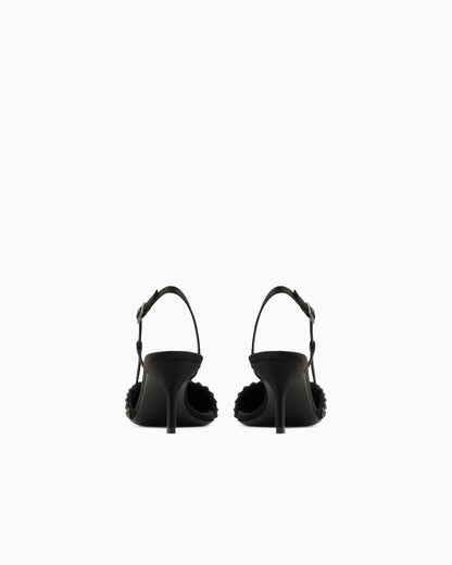 Satin, mesh and rhinestone slingbacks
