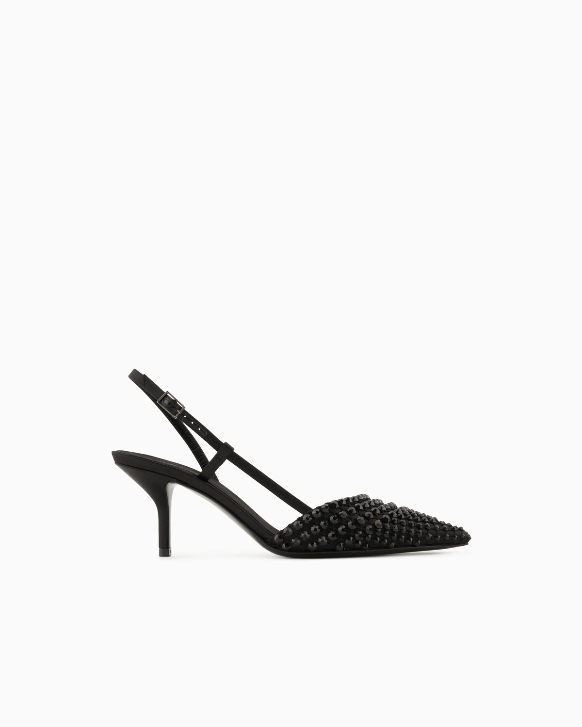 Satin, mesh and rhinestone slingbacks