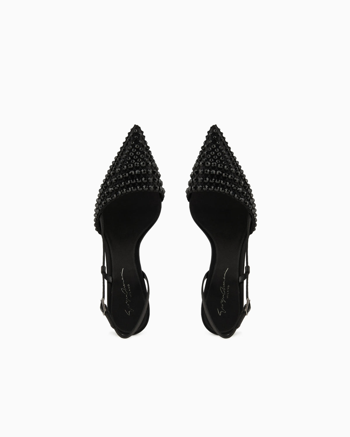 Satin, mesh and rhinestone slingbacks