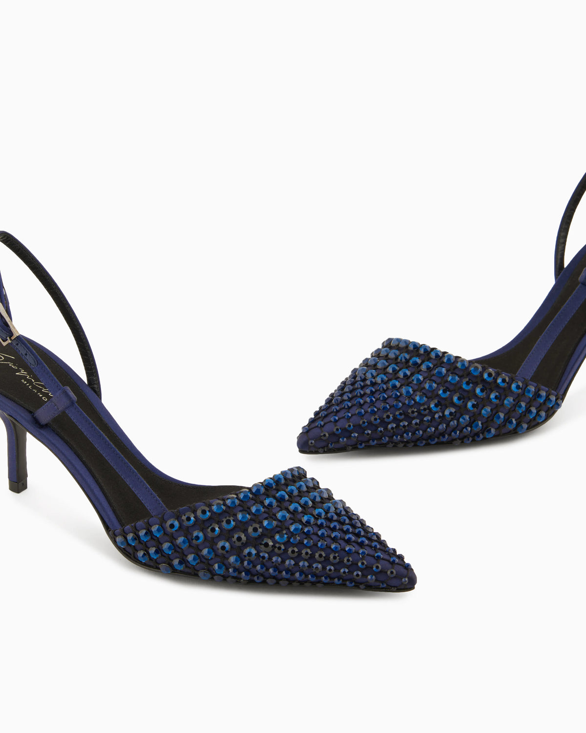 Satin, mesh and rhinestone slingbacks