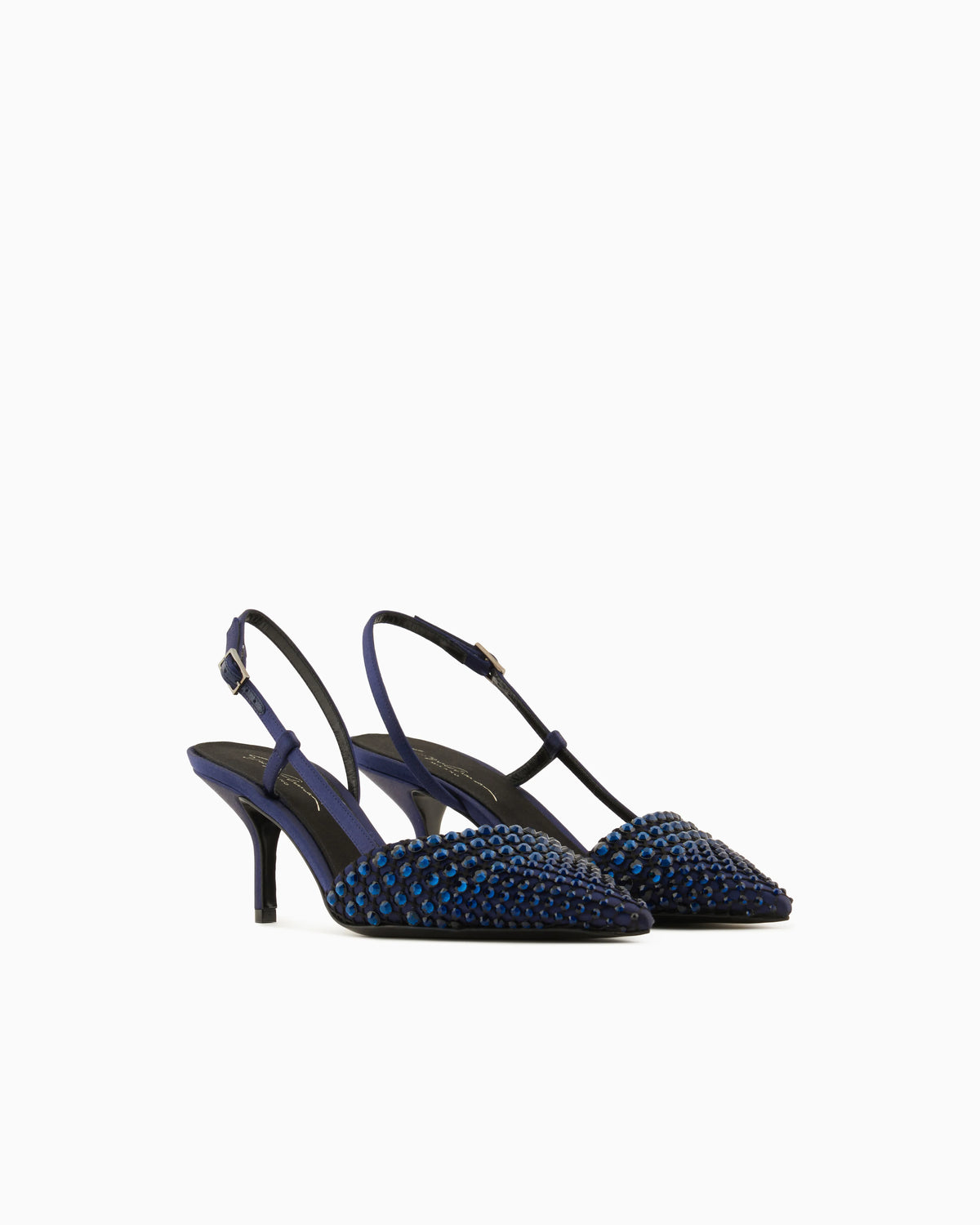 Satin, mesh and rhinestone slingbacks