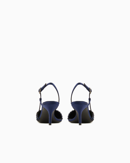 Satin, mesh and rhinestone slingbacks