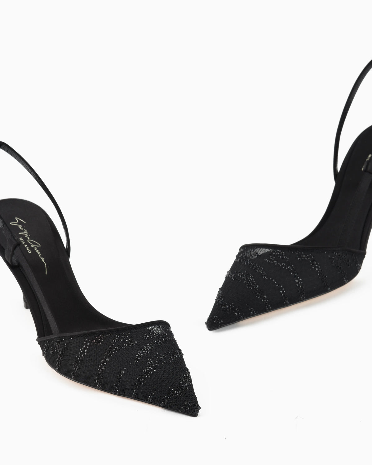 Mesh and rhinestone slingbacks