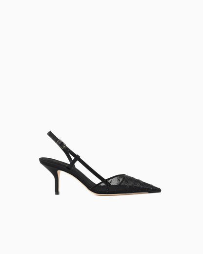 Mesh and rhinestone slingbacks