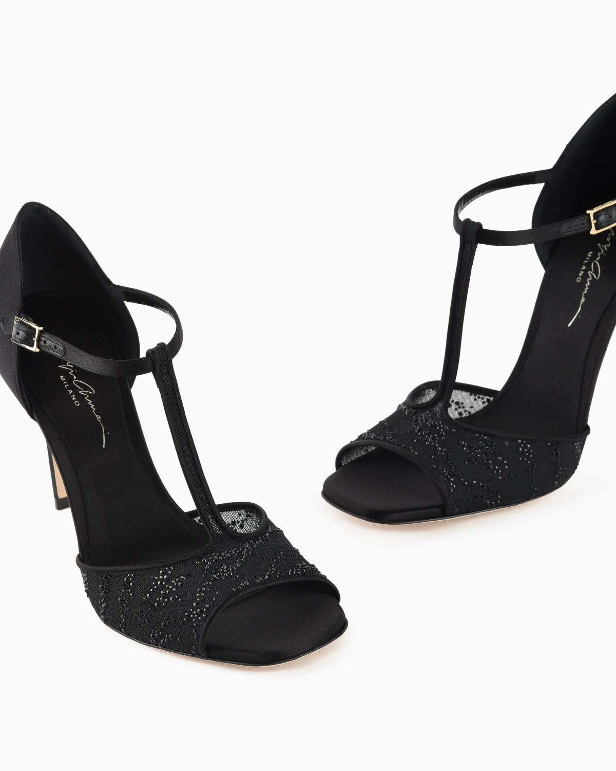 Mesh and rhinestone T-bar sandals