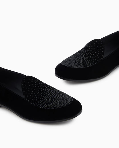 Velvet and rhinestone loafers