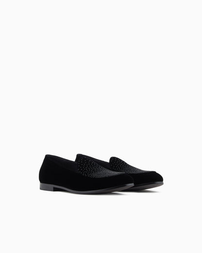Velvet and rhinestone loafers