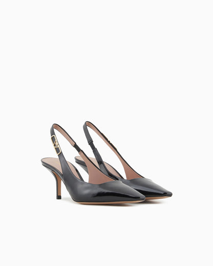 Patent-leather slingback court shoes with eagle plate