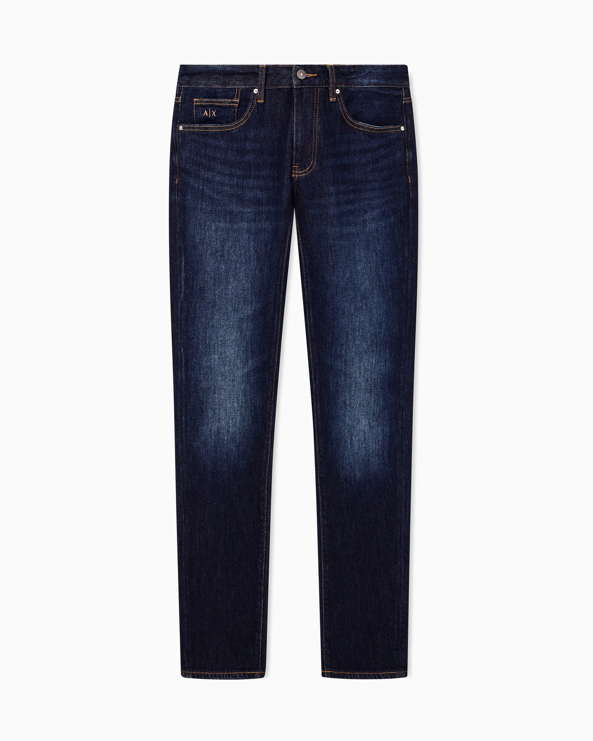 Slim-fit five-pocket denim jeans with a leather patch