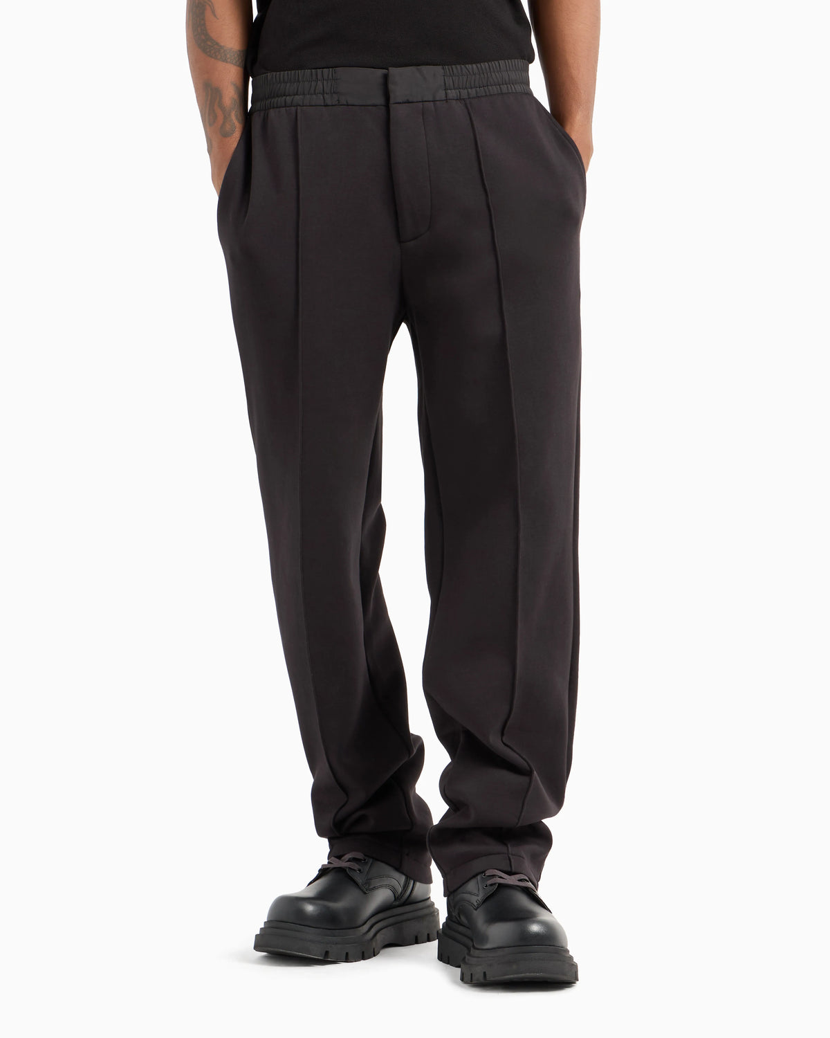 Bonded cotton oversized trousers with visible stitching