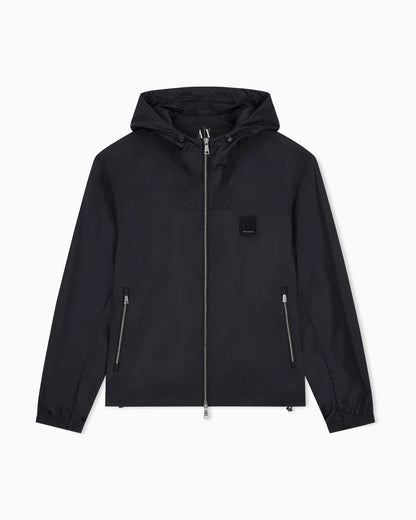 Hooded nylon windbreaker Icon with a zip and logo patch