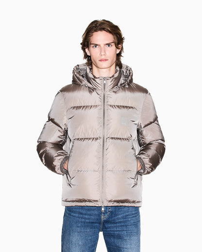 Shiny quilted puffer jacket with hood and down padding Icon