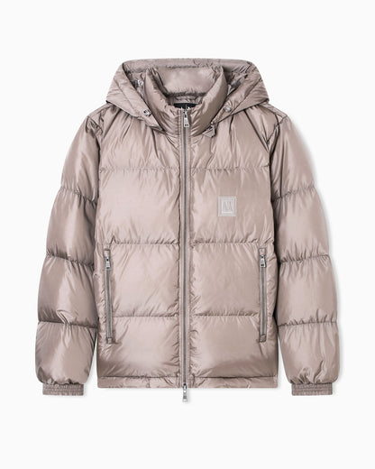 Shiny quilted puffer jacket with hood and down padding Icon