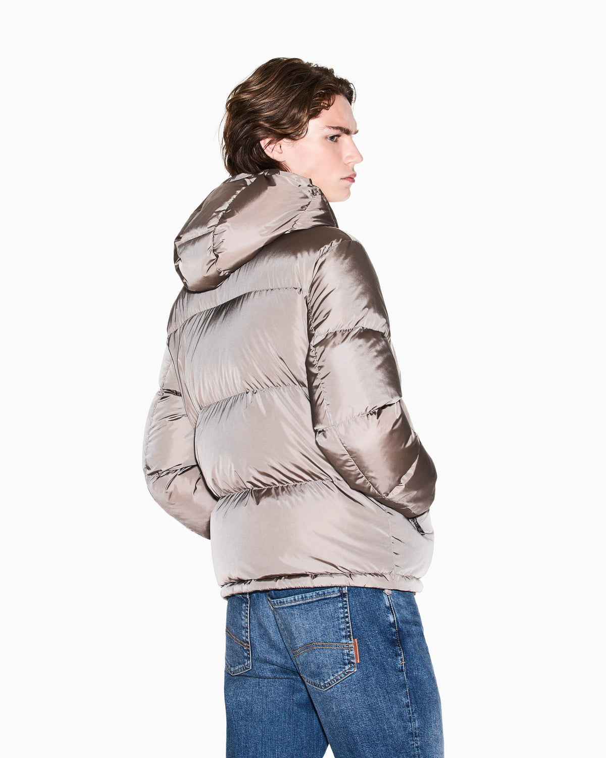 Shiny quilted puffer jacket with hood and down padding Icon