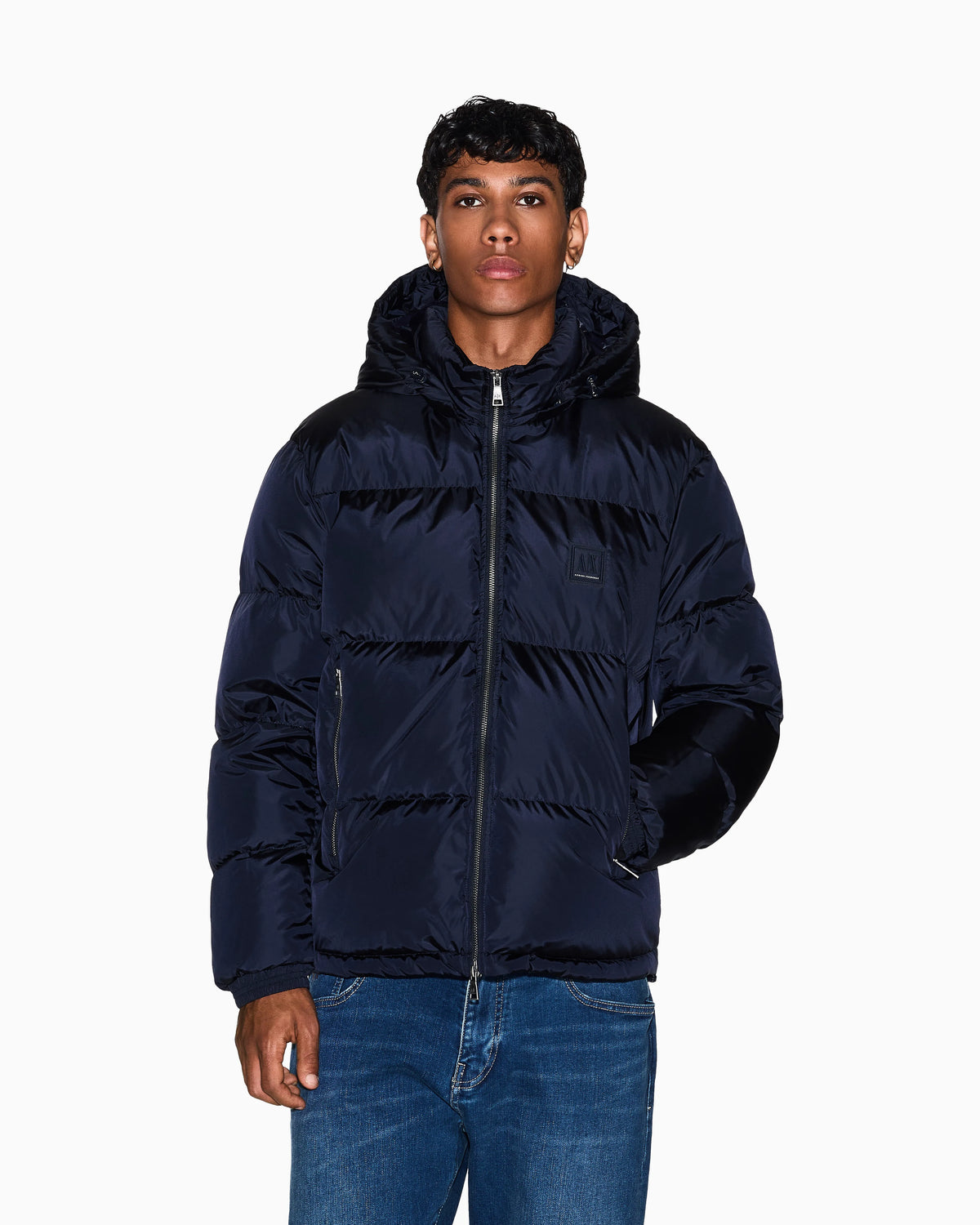 Shiny quilted puffer jacket with hood and down padding Icon
