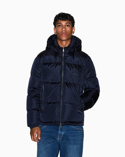 Shiny quilted puffer jacket with hood and down padding Icon