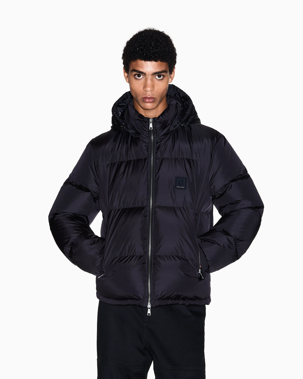 Shiny quilted puffer jacket with hood and down padding Icon
