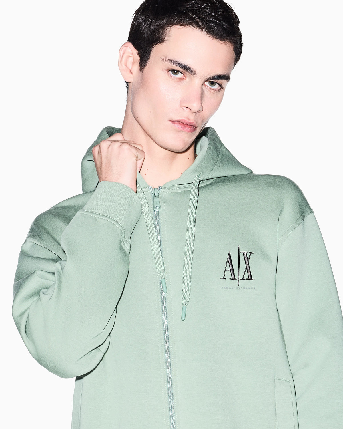 Full-zip hoodie in bonded stretch cotton with logo Icon